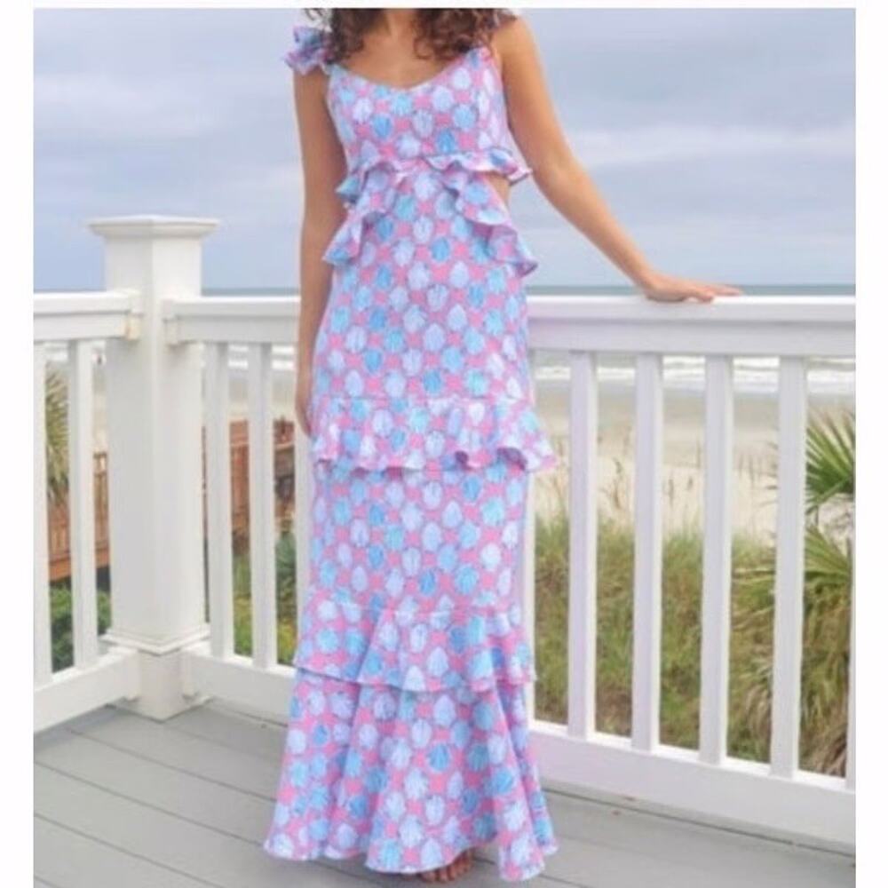 NWT Simply Southern Dress Ruffle Maxi Pink Cutout Side Zip Shells Preppy Coastal